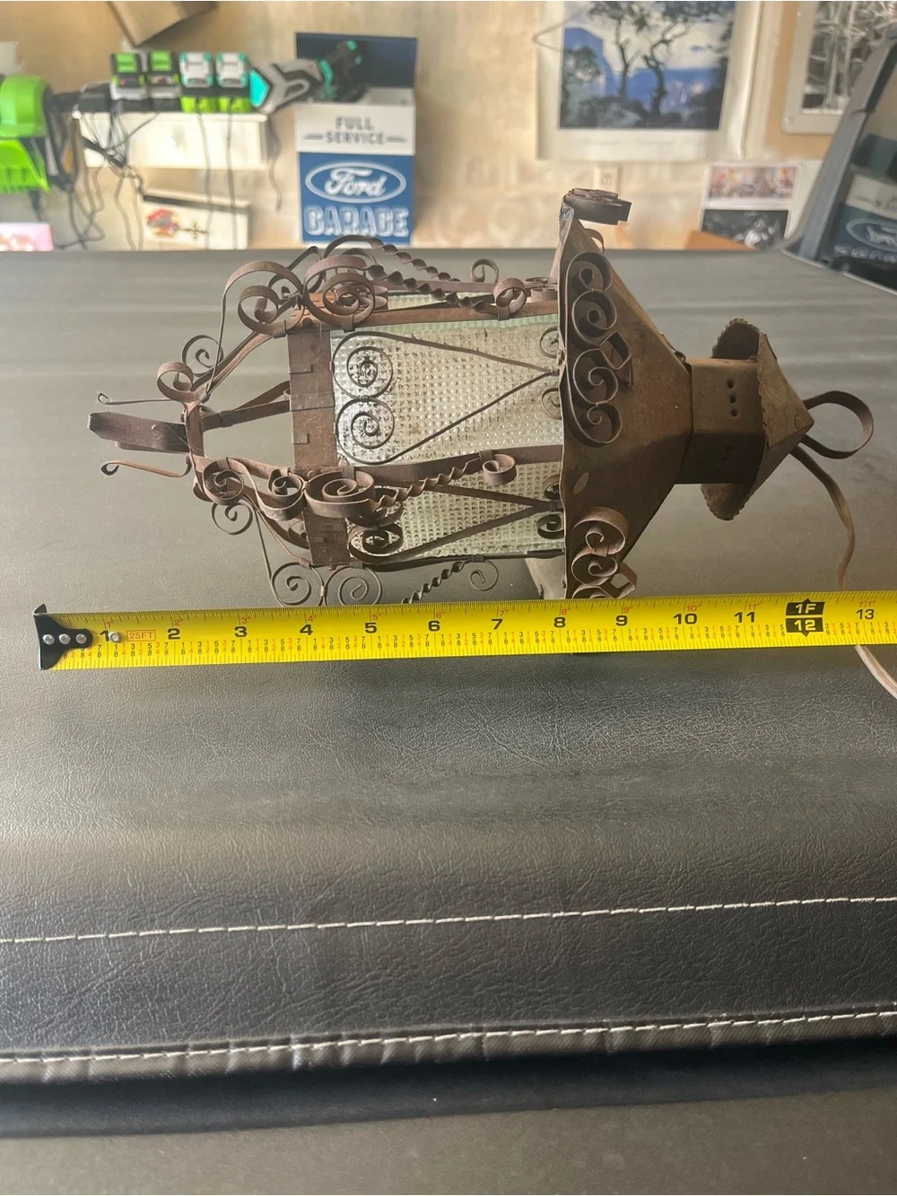 Vintage Spanish Revival Wrought Iron Outdoor Lantern Wall‎ Bracket Scroll Glass